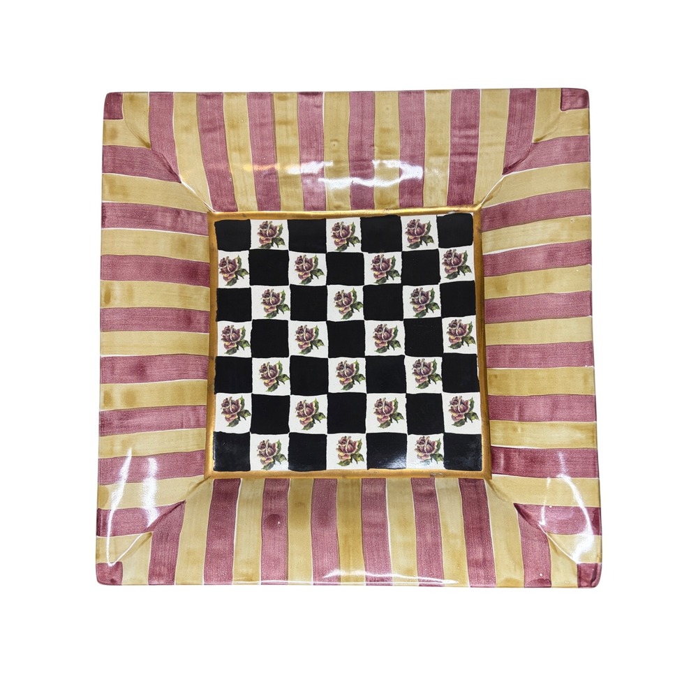 MacKenzie-Childs Aurora Terracotta Square Platter Courtly Check Rose 12in Tray